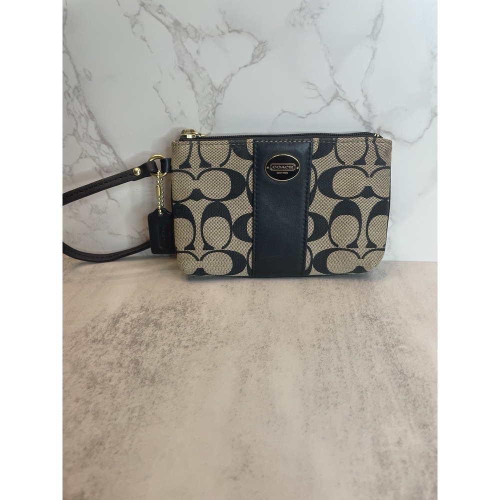 COACH  NY  Black Beige Gold Fabric Leather Jacquard Wallet Wristlet